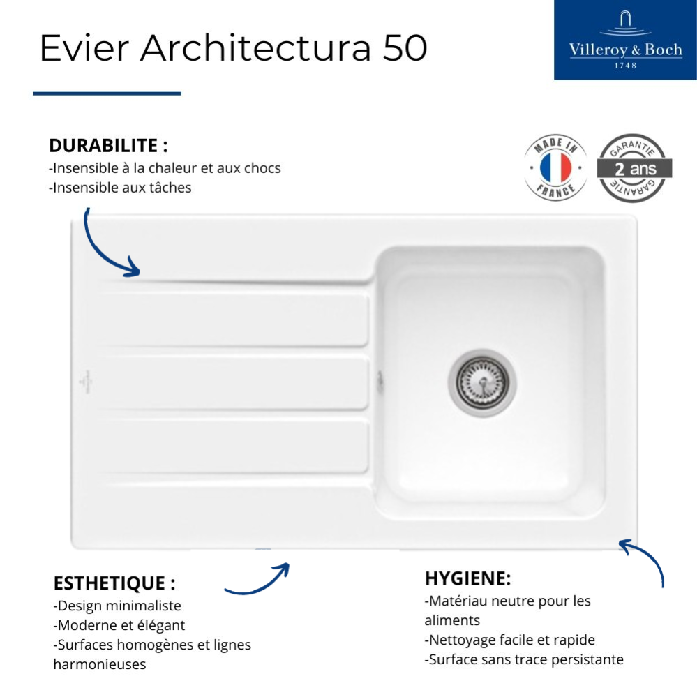 Evier 86 x 51 cm VILLEROY ET BOCH Architectura 50 Blanc 2