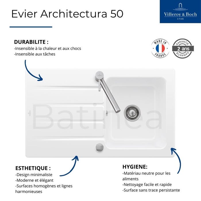 Evier 86 x 51 cm VILLEROY ET BOCH Architectura 50 Blanc vidage automatique inclus 2