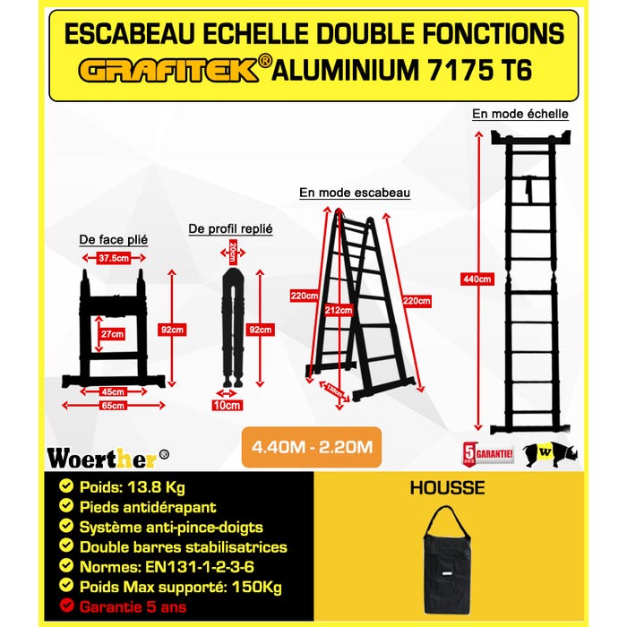 Echelle-escabeau Télescopique 4m40/2m20 Woerther Grafitek 2 Barres Stabilisatrices Avec Housse 1