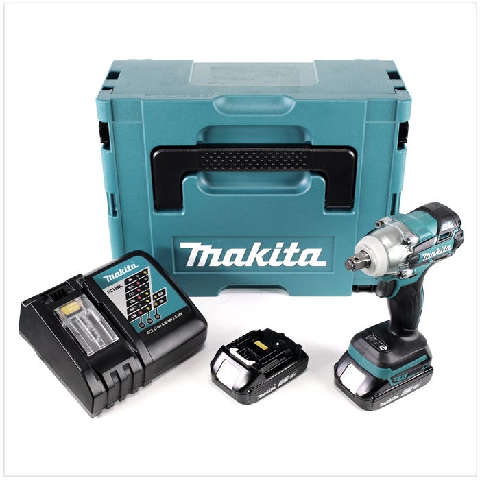 Makita DTW 285 Y1J-P 18 V Li-Ion Boulonneuse à chocs sans fil avec boîtier Makpac 2 + 2x Batteries BL 1820 2,0 Ah + Chargeur rapide DC 18 RC 0