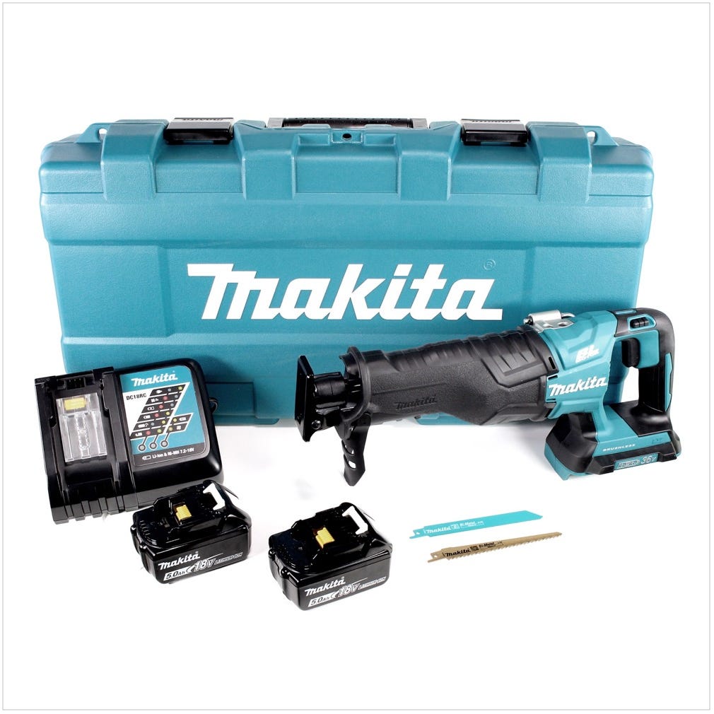Makita DJR 360 RTK Scie récipro sans fil 2x 18 V avec boîtier + 2x Batteries BL 1850 5,0 Ah + Chargeur 0