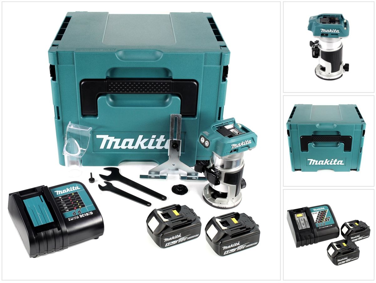 Makita DRT 50 RTJ 18 V Li-Ion Affleureuse plaque de plâtre sans fil Brushless avec boîtier Makpac + 2x Batteries BL 1850 5,0 Ah + Chargeur DC18RC