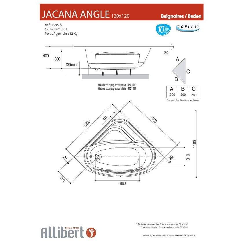 Baignoire d'angle JACANA ANGLE - tablier acrylique inclus 120 x 120 cm 3