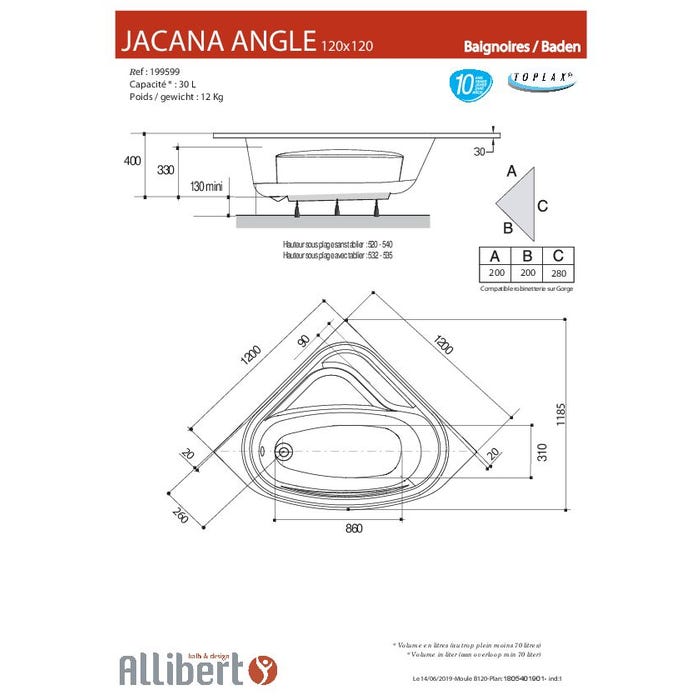 Baignoire d'angle JACANA ANGLE - tablier acrylique inclus 120 x 120 cm 3