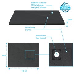Receveur à poser en matériaux composite SMC - Finition ardoise noire - 80x100cm - ROCK 2 BLACK 80 3
