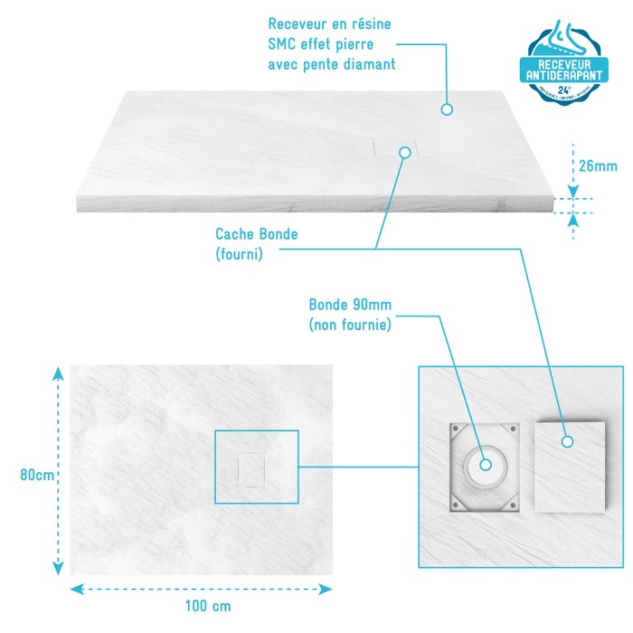 Receveur à poser en materiaux composite SMC - Finition ardoise blanc mat - 80x100 cm - ROCK 2 WHITE 3