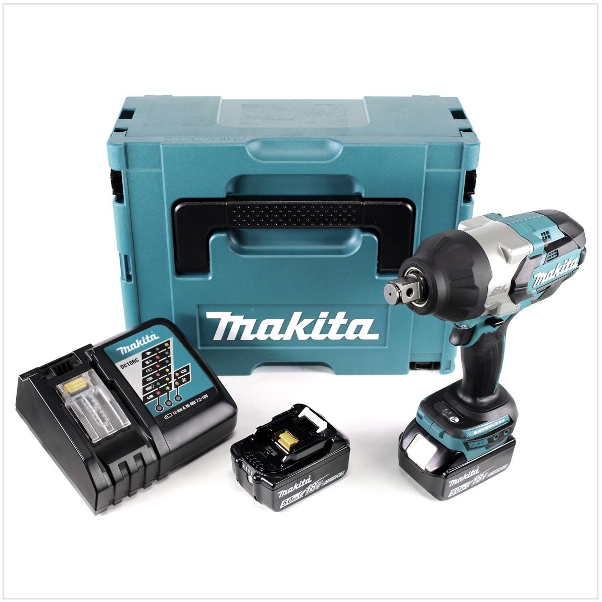 Makita DTW 1001 RTJ 18 V Li-Ion Brushless Boulonneuse à chocs sans fil avec Boîtier Makpac + 2x Batteries BL 1850 5,0 Ah + Chargeur rapide DC 18 RC 0