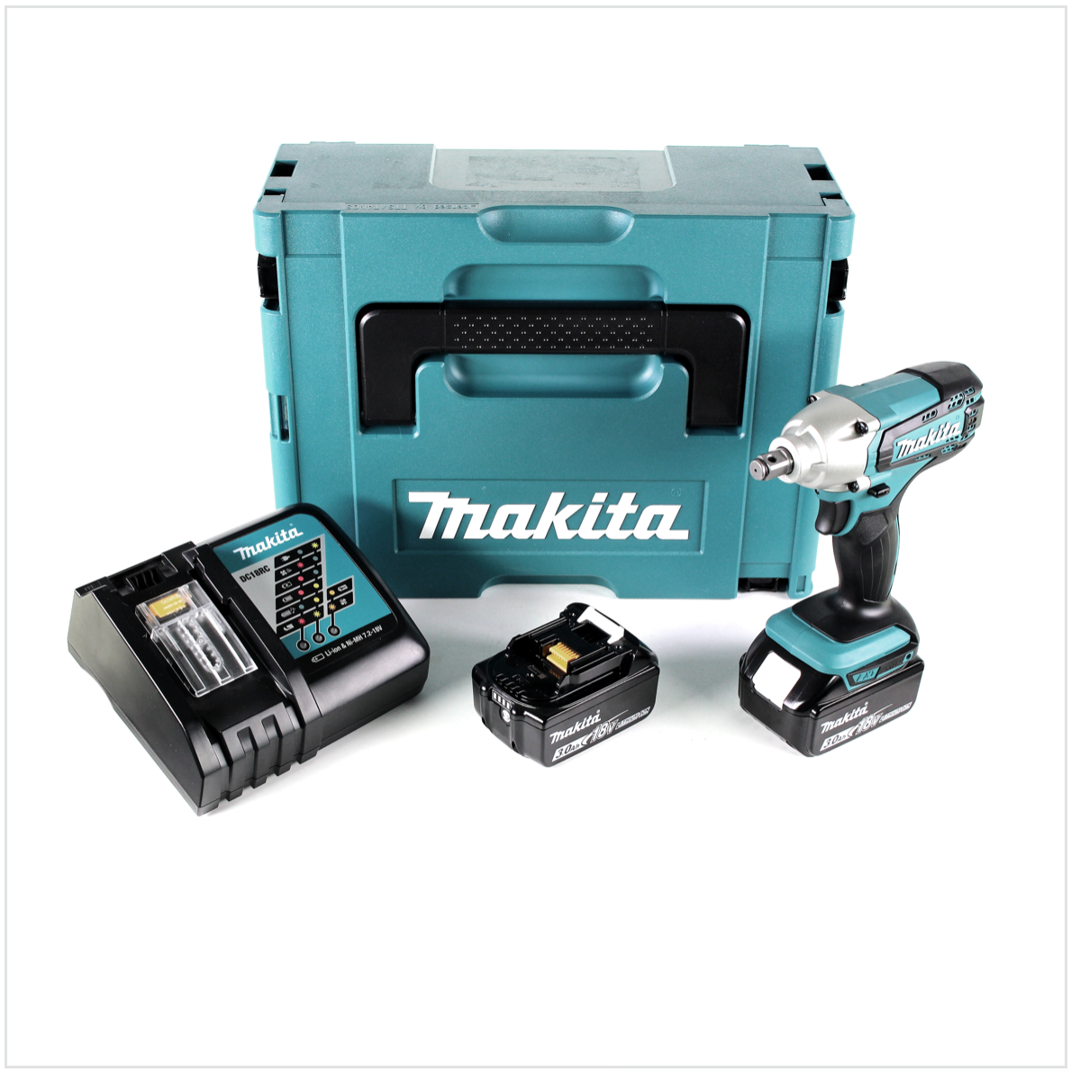 Makita DTW 190 RFJ 18V Li-Ion Boulonneuse à chocs sans fil avec boîtier Makpac + 2x Batteries BL 1830 3,0 Ah + Chargeur rapide DC 18 RC