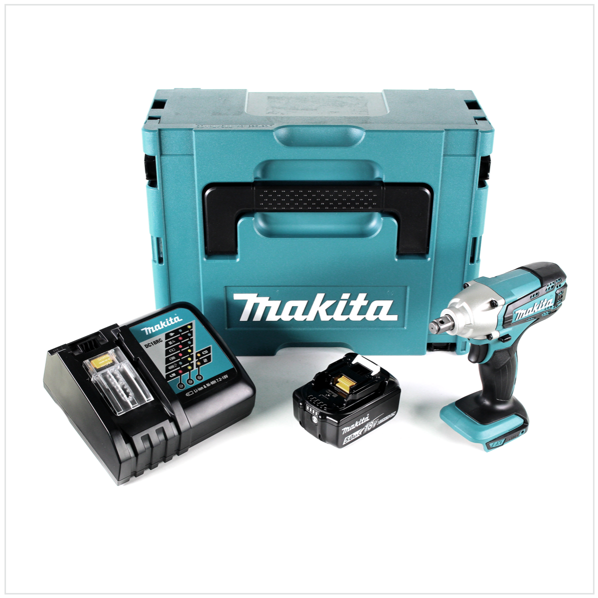 Makita DTW 190 RT1J 18V Li-Ion Boulonneuse à chocs sans fil avec boîtier Makpac + 1x Batterie BL 1850 5,0 Ah + Chargeur rapide DC 18 RC 0