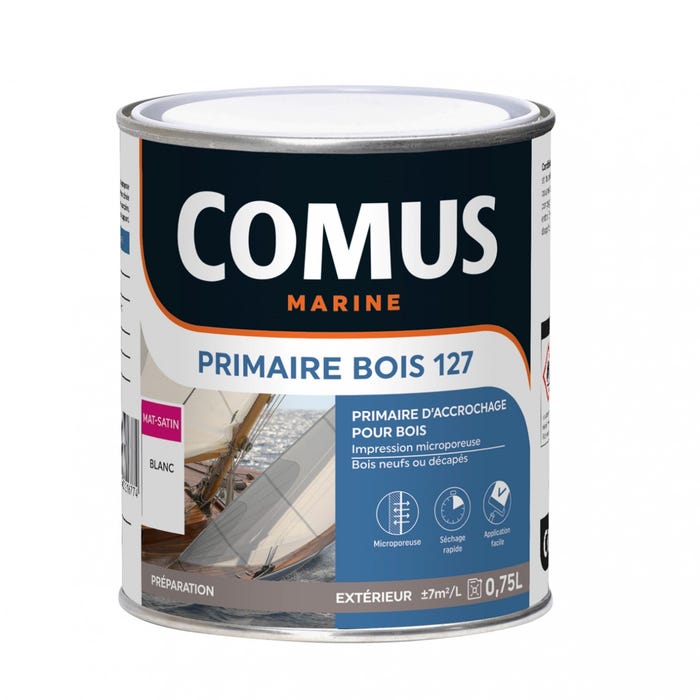 PRIMAIRE BOIS 127 - Blanc 0.75L - Primaire d'impression destinée à la mise en peinture des bois neufs ou décapés - COMUS MARINE 0