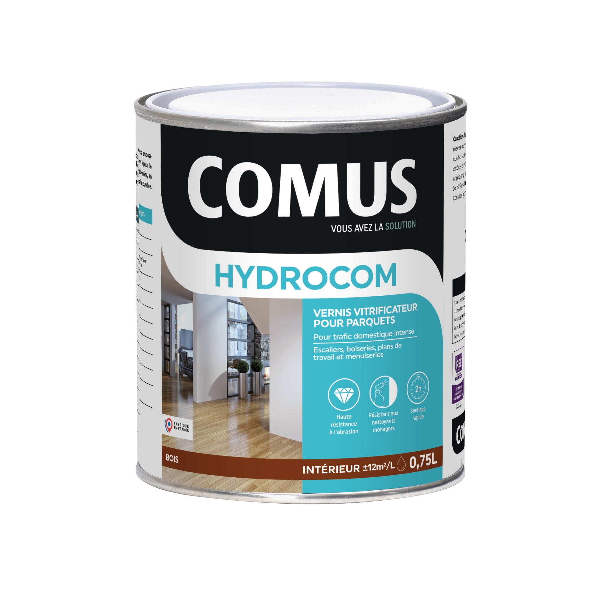 HYDROCOM SATIN - Incolore 0.75L - Vitrificateur polyuréthane acrylique mono-composant parquets escaliers boiseries - COMUS 0