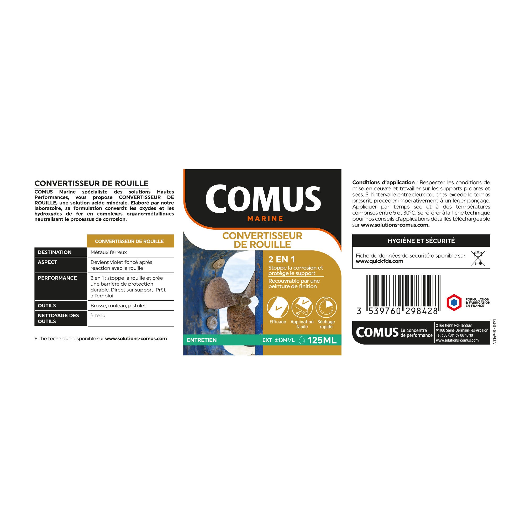 CONVERTISSEUR DE ROUILLE 125ML - Solution Acide Minérale en phase aqueuse - COMUS MARINE 2