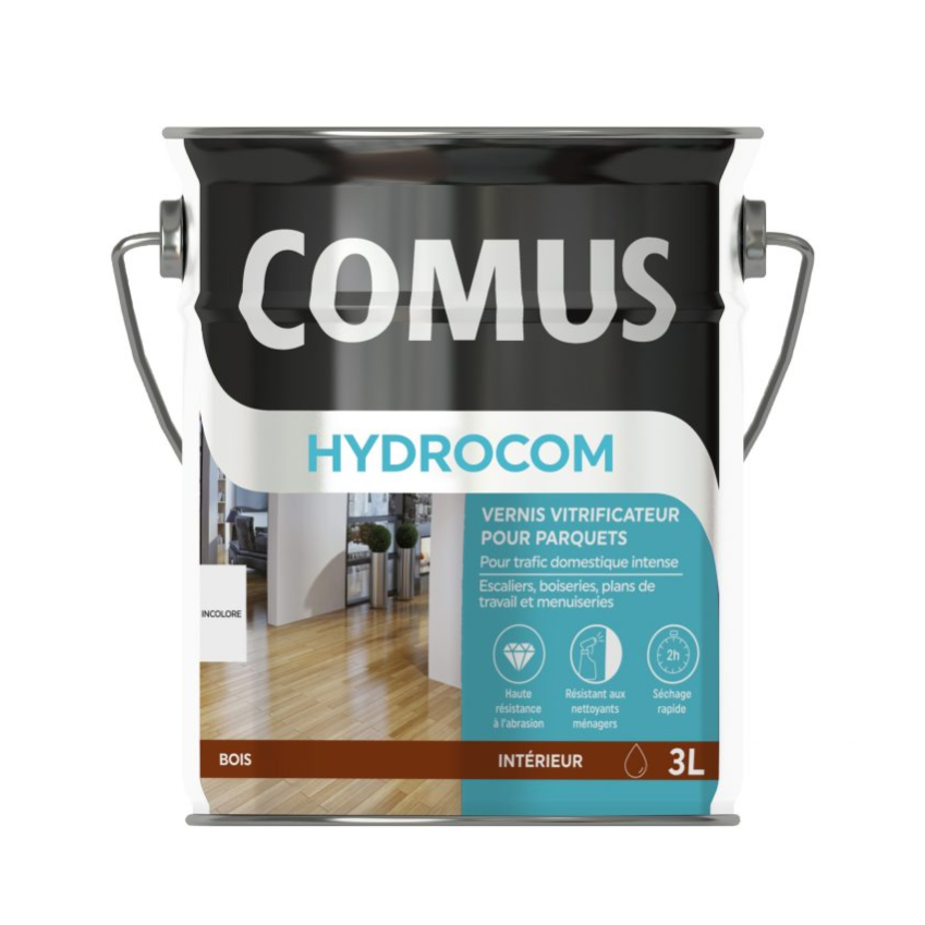 HYDROCOM SATIN - Incolore 3L - Vitrificateur polyuréthane acrylique mono-composant parquets escaliers et boiseries - COMUS