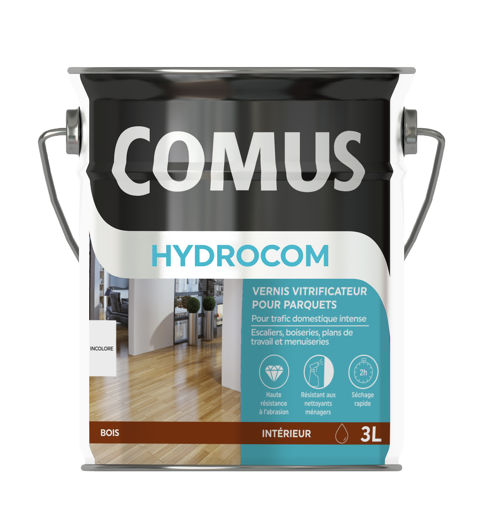 HYDROCOM SATIN - Incolore 3L - Vitrificateur polyuréthane acrylique mono-composant parquets escaliers et boiseries - COMUS