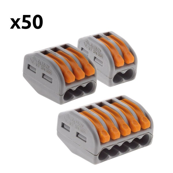 Panachage de 50 bornes automatiques à cliquet S222 - 2/3/5 entrées - fils  rigides et souples 4mm² max - Orange - Wago ❘ Bricoman