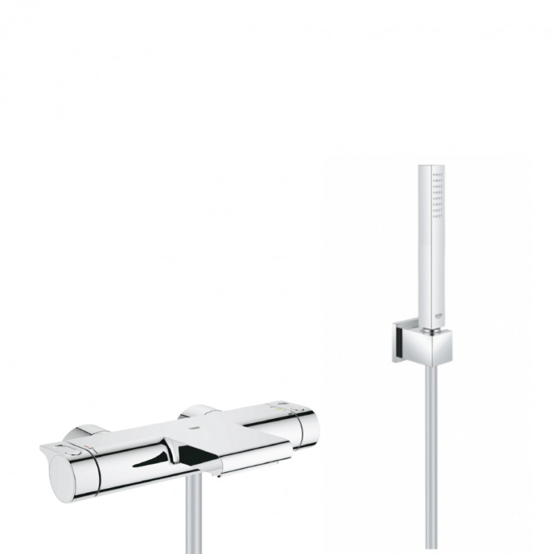 Grohe Set bain/douche Mitigeur thermostatique Grohtherm 2000 + Stick de douche mural 1 jet, Chrome (34174001-CUBESTICK)