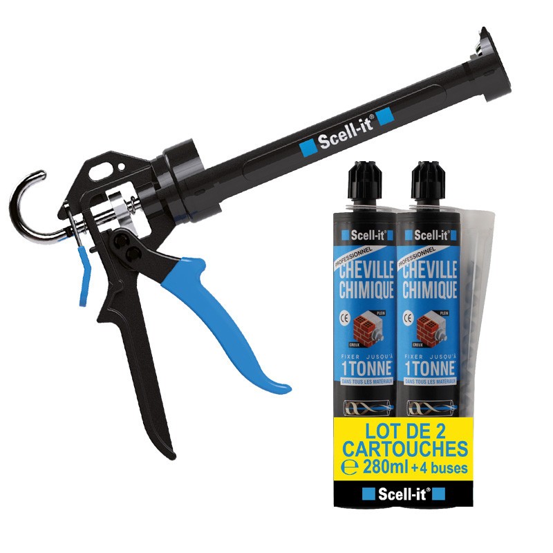 Pack Pistolet professionnel Scell it + 2 cartouches Scellement chimique polyester 280 ml Système PEEL PACK + 4 buses
