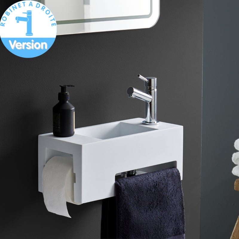 Lave mains en solide surface Maximo 40 x 18 avec dérouleur papier et porte-serviette - robinet à droite 0