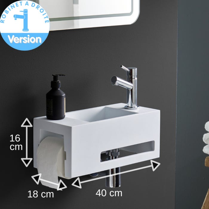 Lave mains en solide surface Maximo 40 x 18 avec dérouleur papier et porte-serviette - robinet à droite 1