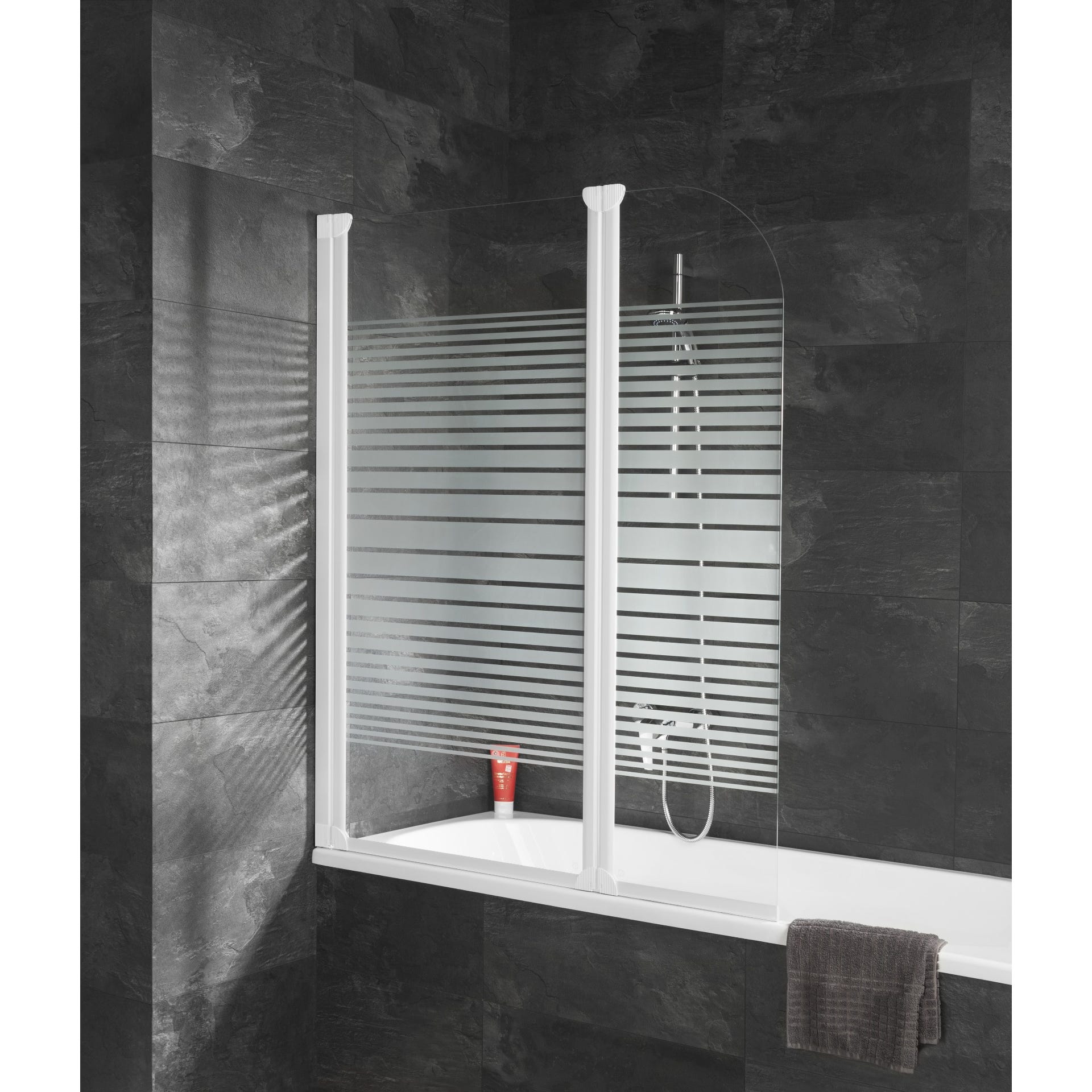 Schulte pare-baignoire pivotant, 114 x 140 cm, paroi de baignoire 2 volets, écran de baignoire, verre 3 mm, profilé blanc, décor rayures horizontales 0