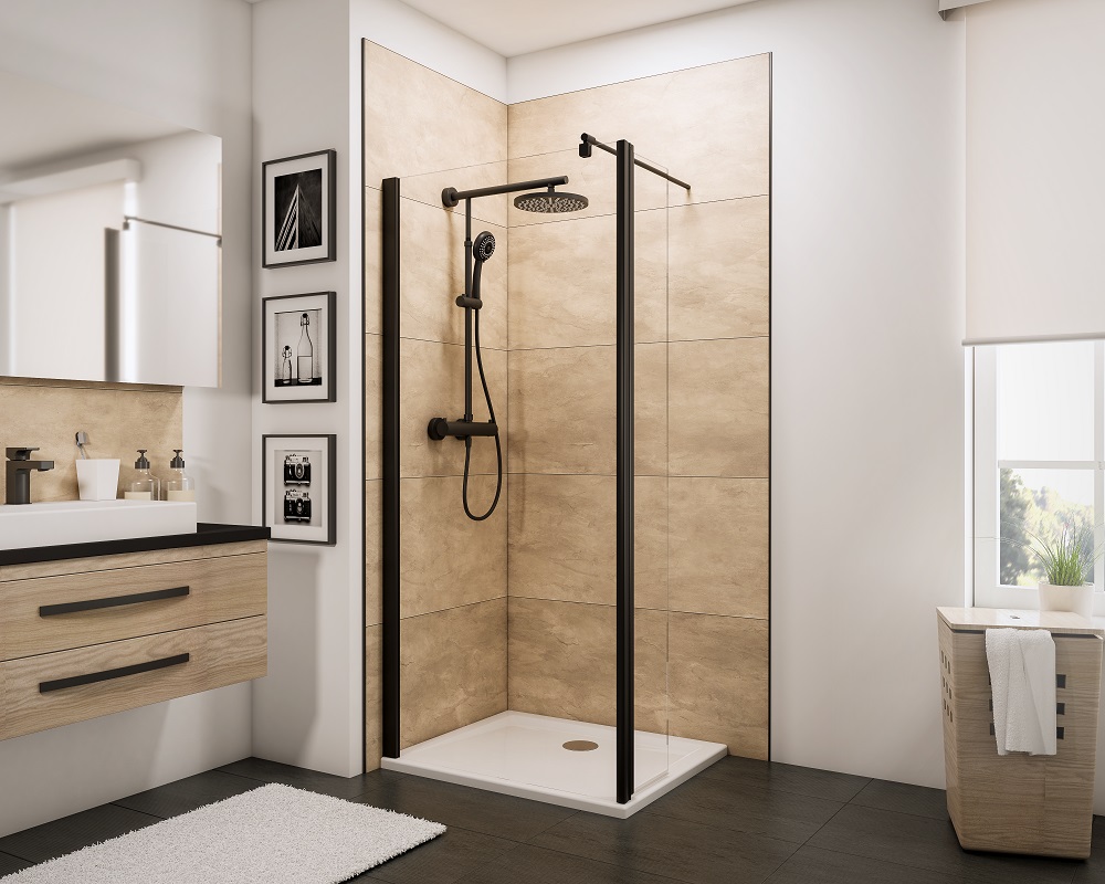 Schulte paroi de douche à l'italienne avec retour pivotant,120x30x190cm,profilé noir à clipser, paroi fixe Walk In, verre 6mm transparent anticalcaire