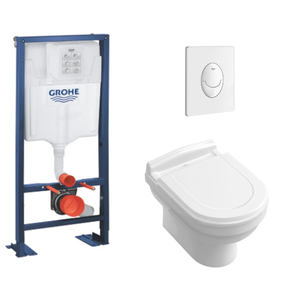 Villeroy & Boch Pack WC suspendu Hommage + abattant + plaque + bâti Grohe, plaque blanche
