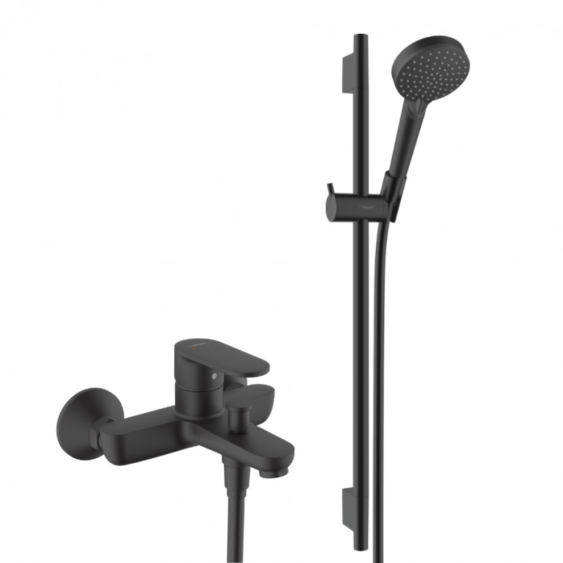 Hansgrohe Vernis Blend Set de douche mitigeur bain douche + Douchette à main 2 jets + Barre 65cm, Noir mat (71440670-Vernis)