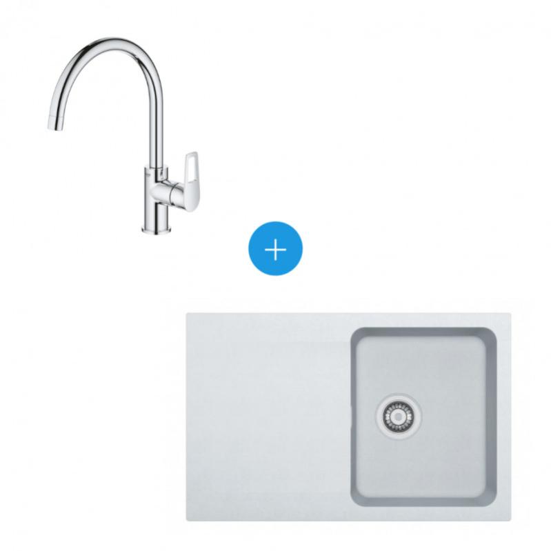 Franke Kit Évier Orion à encastrer en Tectonite, 780x500mm, Blanc Artic + Mitigeur Grohe Bauloop, col de cygne, Chrome