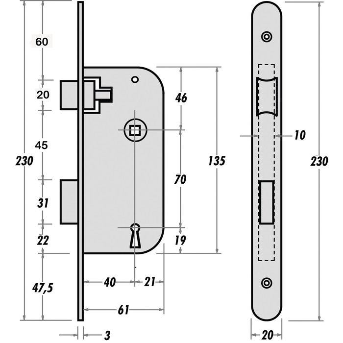 Serrure à larder laqué noire droite à fouillot - Condamnation - Axe à 40 mm - Optimum - Thirard 1