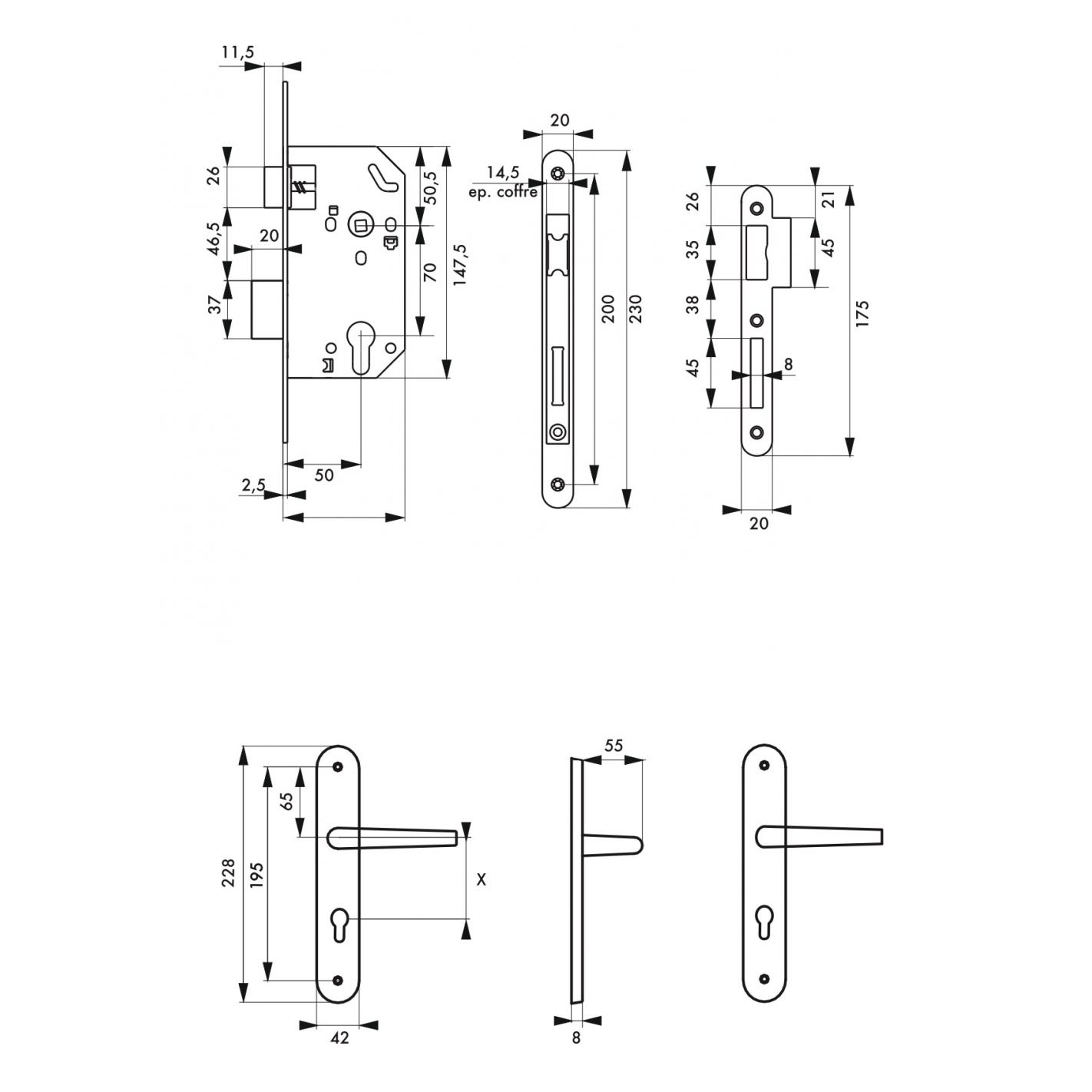 THIRARD - Garniture monomax axe 50 à cylindre 3 clés v/br + ensemble pelope 1