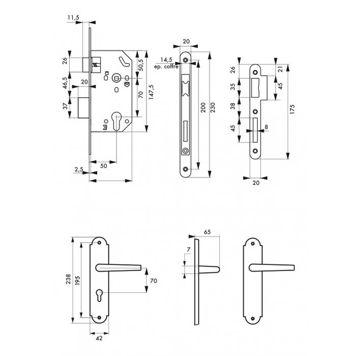 THIRARD - Garniture monomax axe 50 à cylindre 3 clés v/br + ensemble charon 1