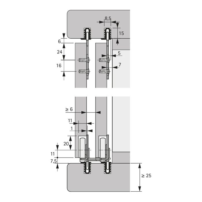 Kit slide line 56 - Charge maxi par vantail : 40 kg - Garniture : Pour 2 vantaux - HETTICH 1