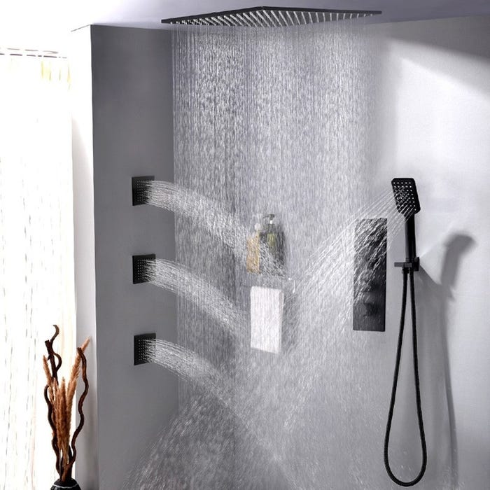 Pack de douche encastré au plafond thermostatique 400 mm - Noir 2
