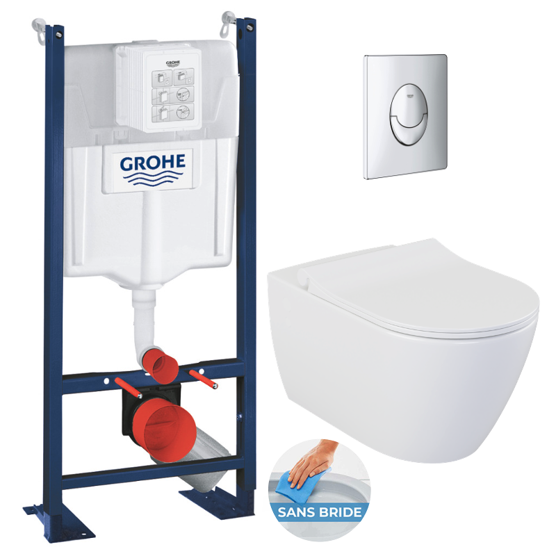 Grohe Pack WC Bâti-support Rapid SL + WC sans bride Bello + Abattant softclose + Plaque Chrome (ProjectBello-2) 4
