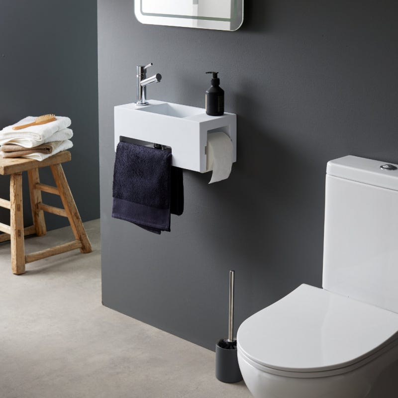 Lave mains en solide surface Maximo 40 x 18 avec dérouleur papier et porte-serviette - robinet à gauche 2