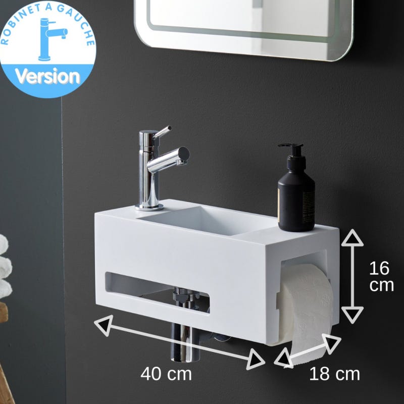 Lave mains en solide surface Maximo 40 x 18 avec dérouleur papier et porte-serviette - robinet à gauche 1