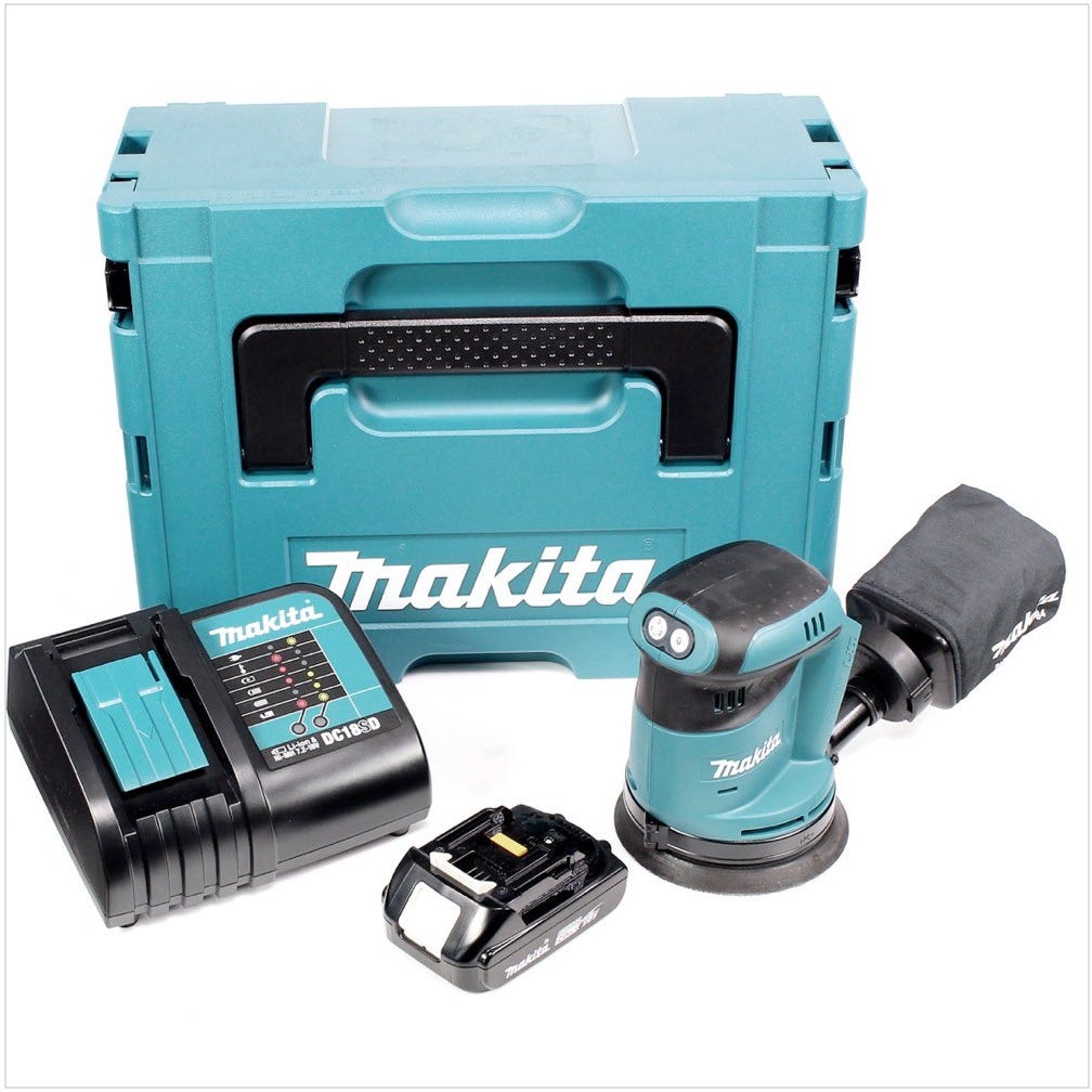 Makita DBO 180 Ponceuse excentrique sans fil, 18V + 1x Batterie 2,0Ah + Chargeur + Makpac 0