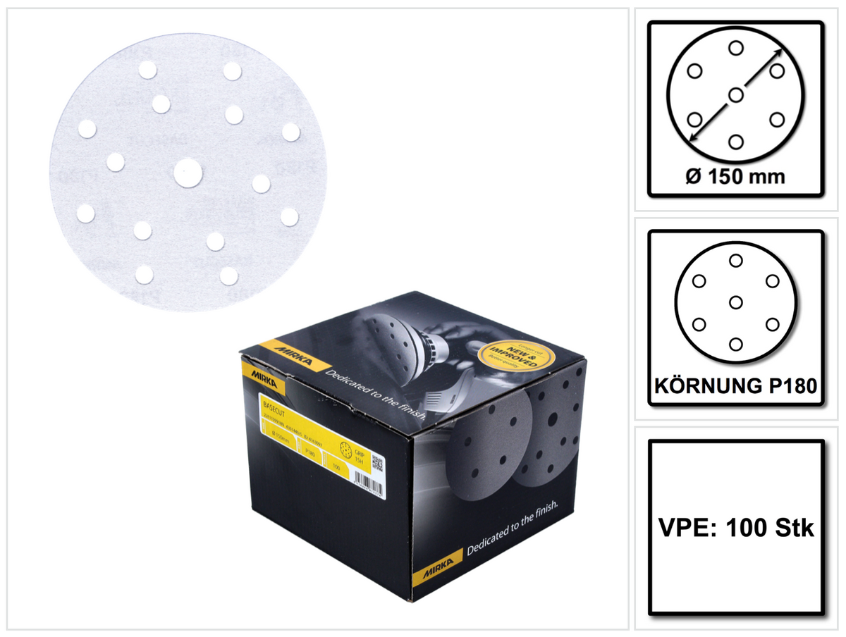 Mirka BASECUT Disques abrasifs auto-agrippants 150 mm, P180, 15 trous, 100 pcs. ( 2261109918 )