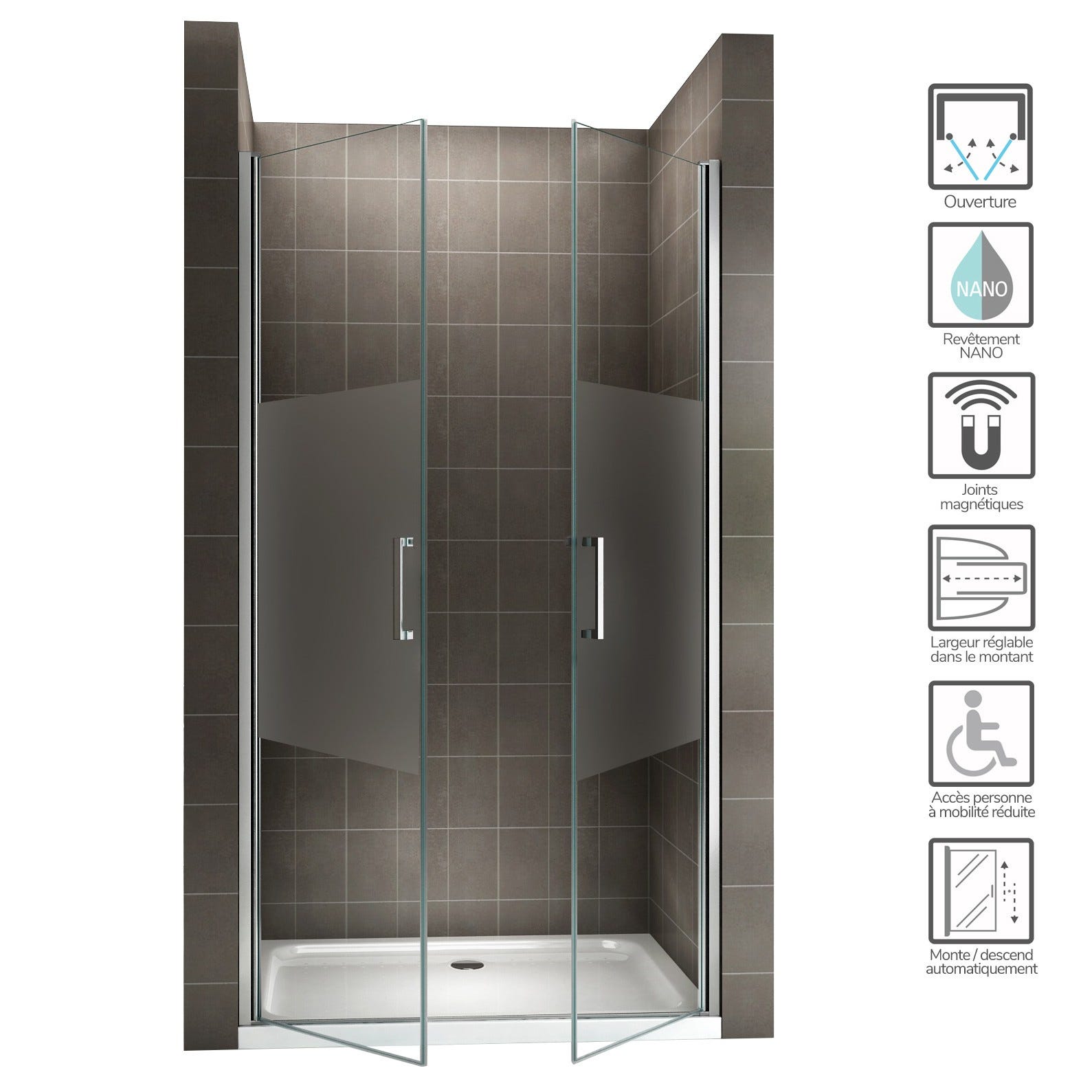 KAYA Porte de douche H 180 largeur réglable 74 à 77 cm verre semi-opaque 1