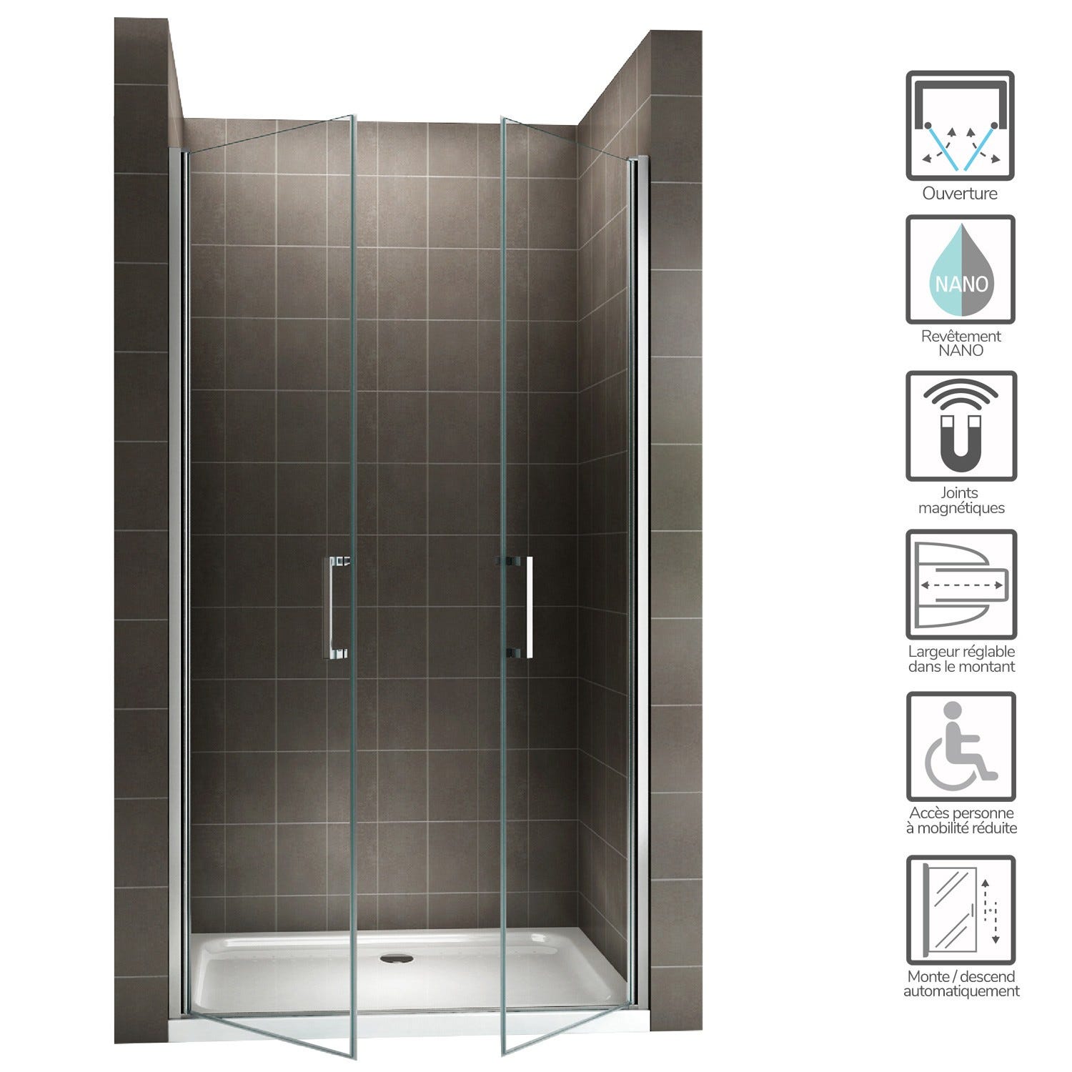KAYA Porte de douche H 180 largeur réglable 83 à 86 cm verre transparent 1