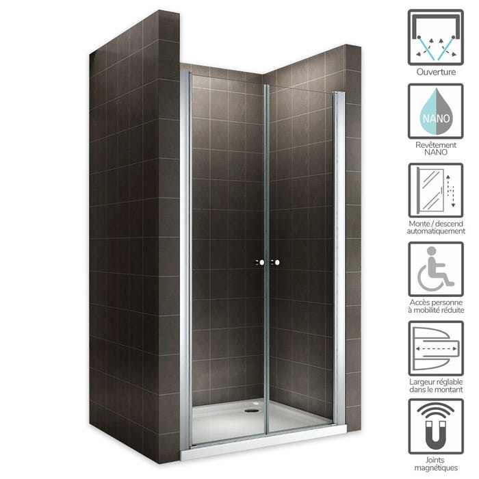 GINA Porte de douche H 180 cm largeur réglable 72 à 76 cm verre transparent 1