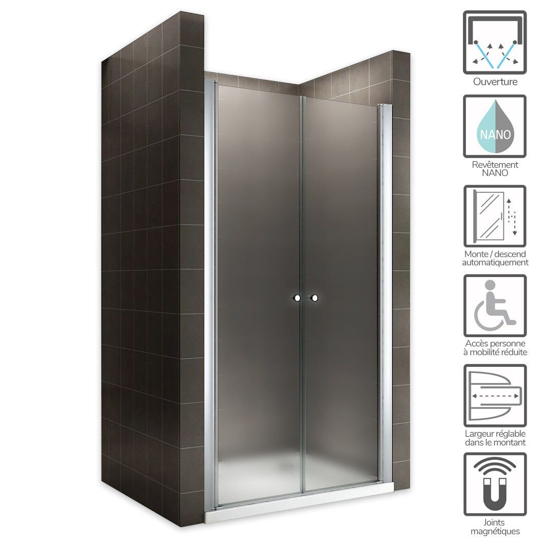 GINA Porte de douche H 180 cm largeur réglable 84 à 88 cm verre opaque 1