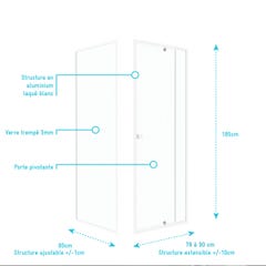 Pack porte de douche pivotante blanc de 78 à 90x185cm + retour 80 verre 5mm - WHITY PIVOT 3