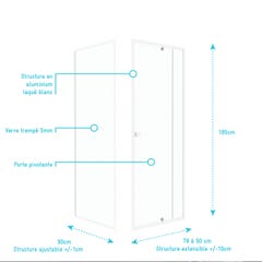 Pack porte de douche pivotante blanc de 78 à 90x185cm + retour 90 verre 5mm - WHITY PIVOT 3