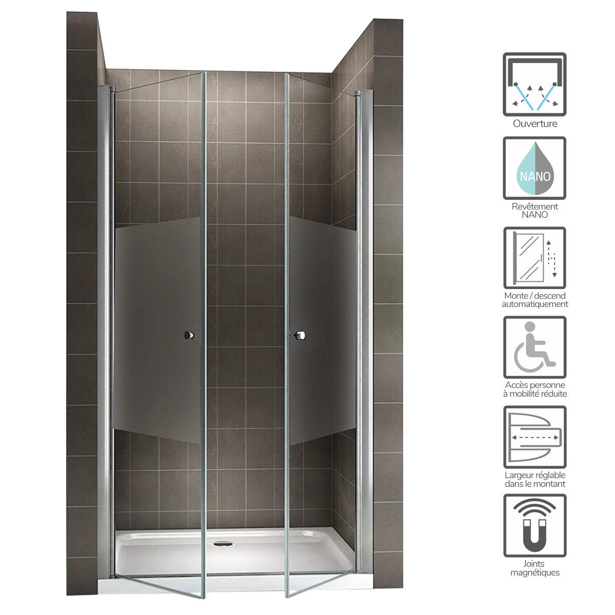 GINA Porte de douche H 180 cm largeur réglable 88 à 92 cm verre semi-opaque 1