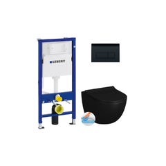 Geberit Pack WC Bâti-support Duofix + WC sans bride Vitra SENTO noir mat + Abattant frein de chute + Plaque noire (BlackSentoGeb-7)