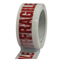 Ruban adhésif d'emballage 28µ blanc imprimé "FRAGILE" en rouge - rouleau adhésif d'expédition 50 mm x 100 m - Carton de 36 1