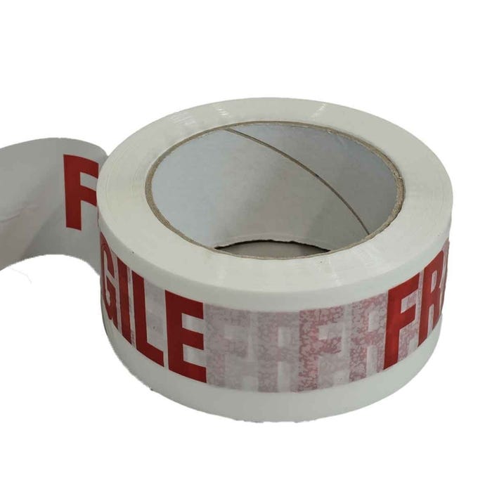 Ruban adhésif d'emballage 28µ blanc imprimé "FRAGILE" en rouge - rouleau adhésif d'expédition 50 mm x 100 m - Carton de 36 3