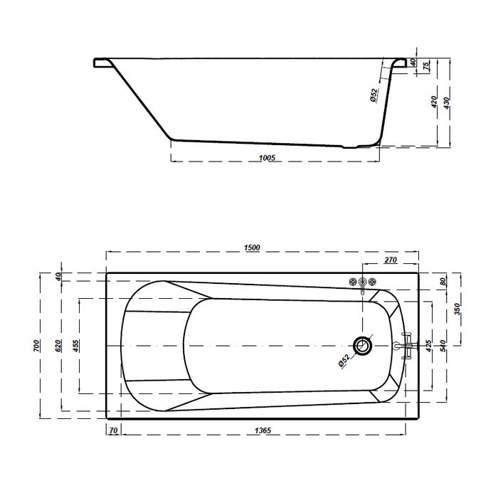 Baignoire rectangulaire gain de place 150x70 cm NAO à encastrer (SANS TABLIER) 2
