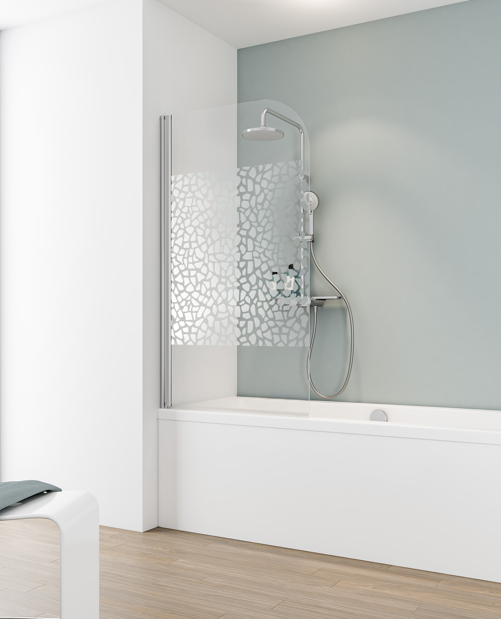 Pare-baignoire rabattable, 80 x 140 cm, verre 5 mm, écran paroi de baignoire 1 volet pivotant,Décor galets chromés, profilé aspect chromé, SCHULTE